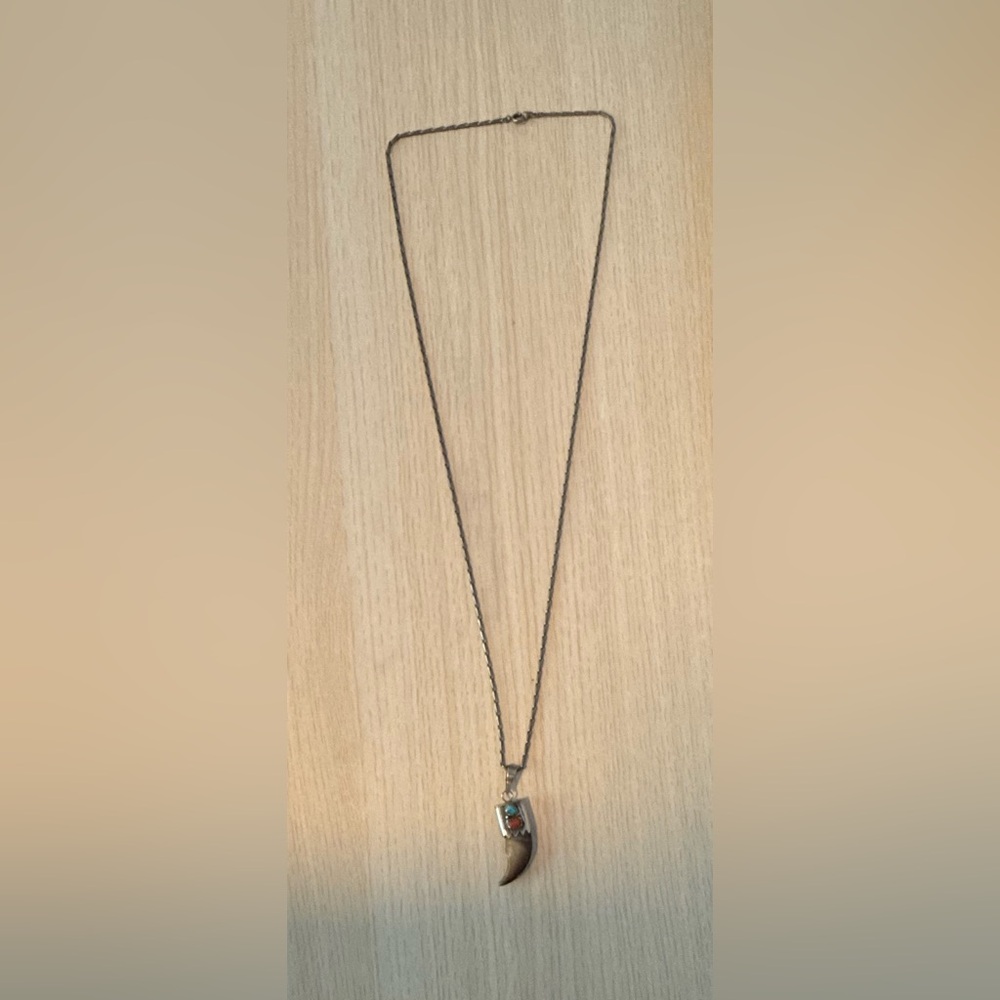 Native American Navajo bear claw pendant turquoise + coral silver 30” necklace - Picture 3 of 6